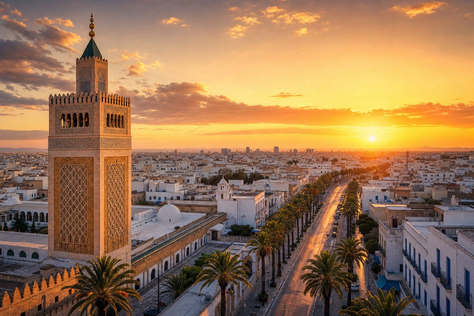 Tunis skyline at sunset