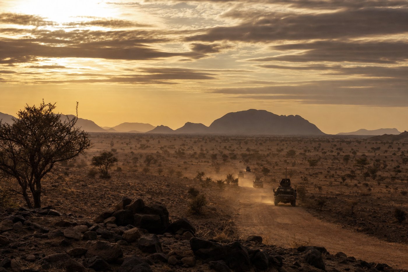 Sahel patrol convoy at sunset