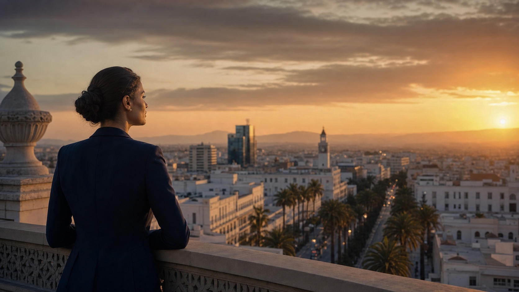 Woman on Tunis rooftop at sunset